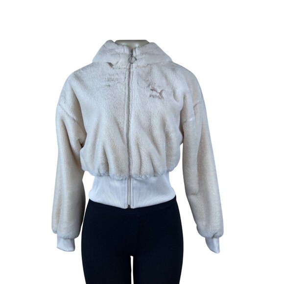 Puma Womens Ivory Fleece Zip-Up Hoodie With Hood  Cozy Ribbed Hem Sz XS - Picture 1 of 7
